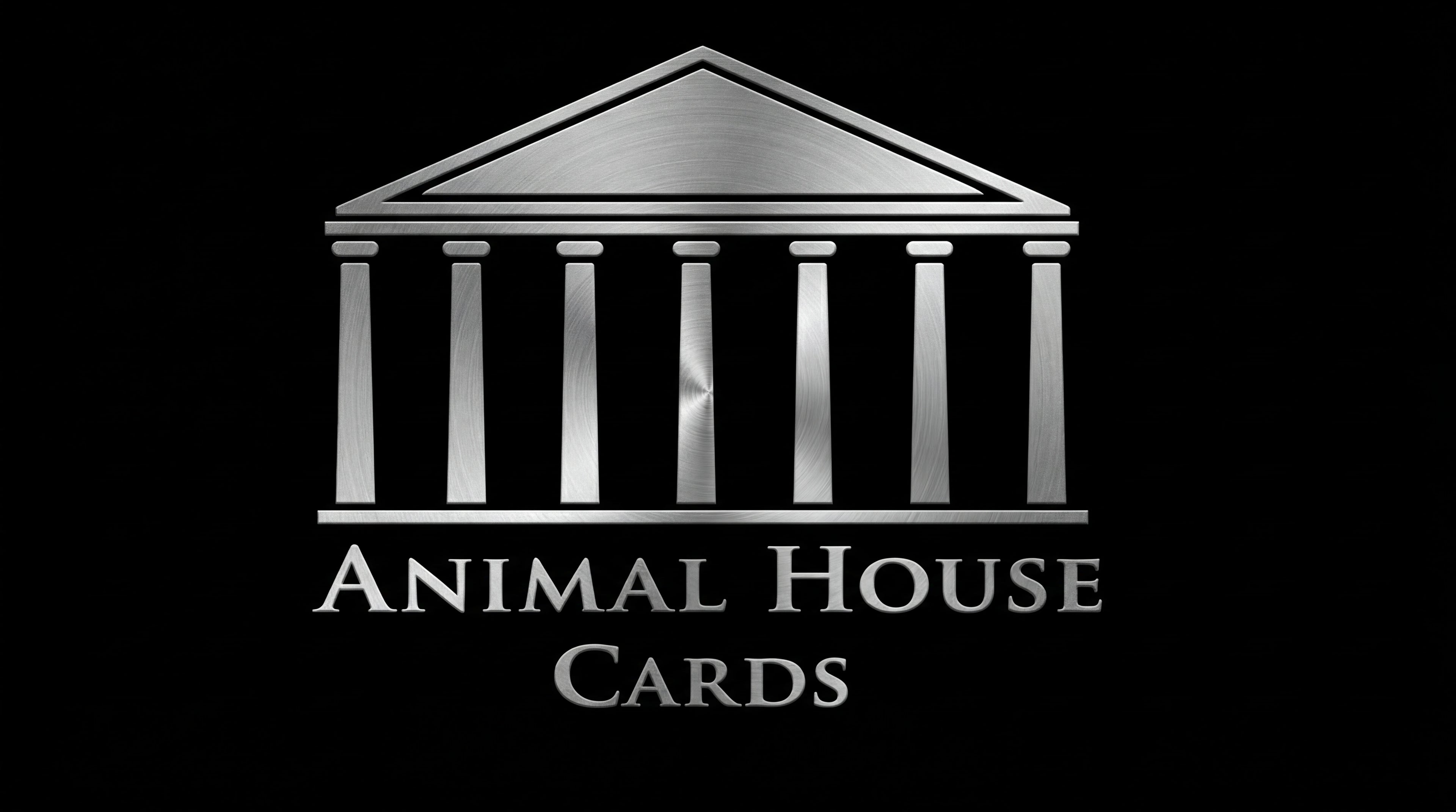 Logo of 'Animal House Cards' with classical architecture design on a black background